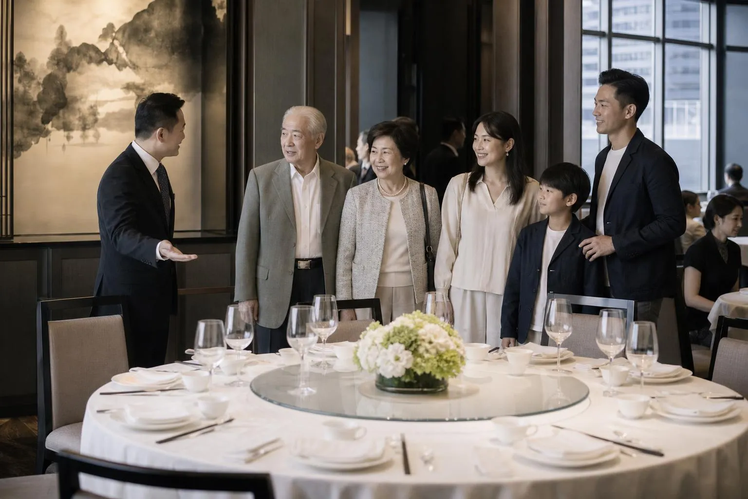 A restaurant host welcoming a family to their reserved table in Hong Kong